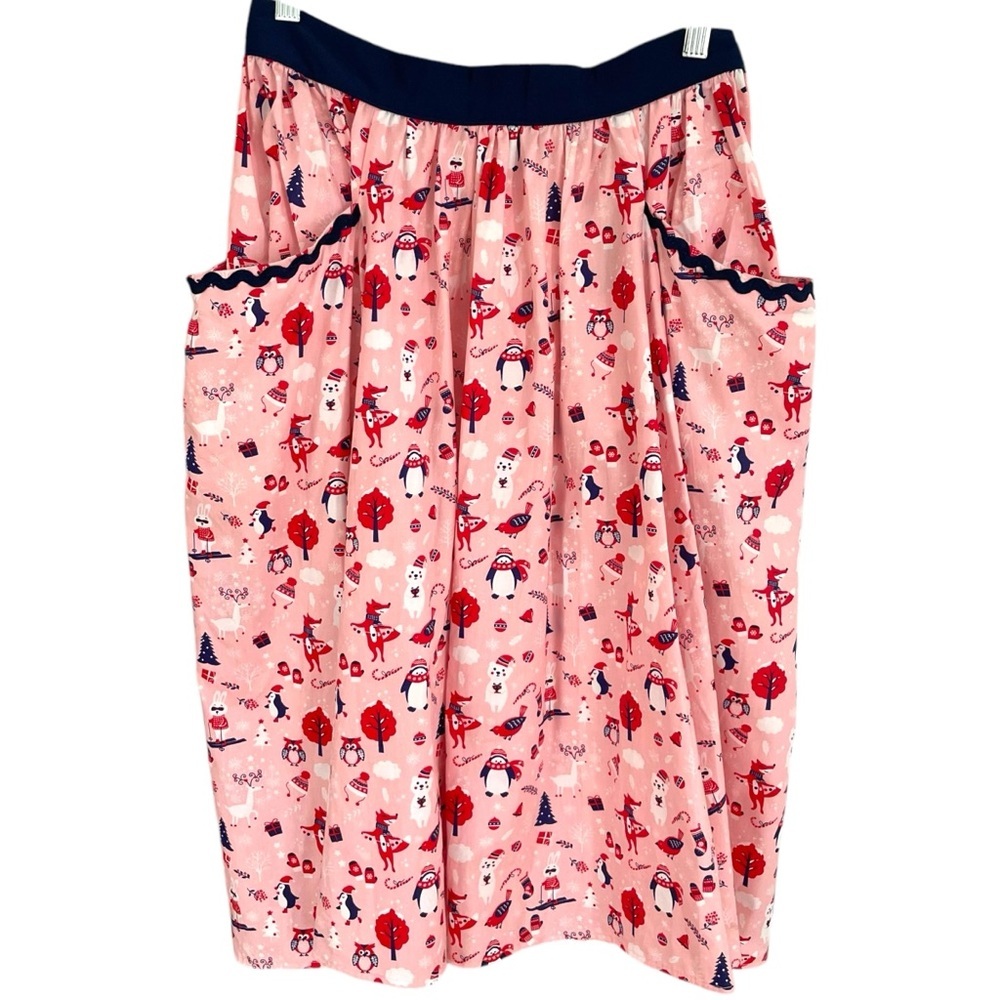 Unique Vintage Christmas Print Full Swing Skirt Cotton Pockets Winter Penguin